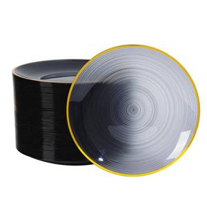 lot 11290 image: LCCFHTI 100PCS Transparent Black Gold Plastic Plates with Gold Rim, 10 Inch