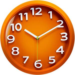 lot 11298 image: Mabpedo Wall Clocks Battery Operated - 11 Inch Silent Non Ticking 3D Numbers Easy Read Analog Clock with 2 Hooks Premium HD Glass Clocks for Living Room Bedroom Kitchen Gym Outdoor Decor, Orange