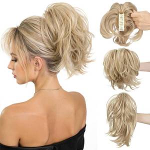 lot 12003 image: CJL HAIR Claw Clip Short Ponytail Hair Extensions DIY Bendable Metals Messy Bun Hair Piece for Wonen Straight Synthetic Fake Hairpieces Dirty Blonde