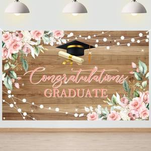 lot 12007 image: Avezano Rustic Wood Graduation Banner Congratulations Graduate Party Decorations Background Pink Floral Grad Banner Backdrop for Photography 6 x 3.6 ft