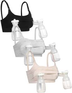 lot 12368 image: GXXGE 3Pack Hands Free Pumping Bra, Adjustable Pumping & Nursing Bra with EasyClip for All Breast Pumps Cotton Sleep Bra Black Beige Grey Medium