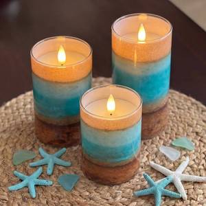 lot 12376 image: Tujoe 3 Pcs Summer Ocean Flameless Candles Teal Beach LED Battery Pillar Candles Set Battery Operated Coastal Nautical Decorations Flickering Gifts with Remote Decorations for Holiday