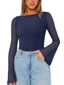 lot 12381 image: REORIA Women��s Fashion Sexy Boat Neck Classy Bell Sleeve Double Lined Sheer Mesh Cute Night Out Bodysuit Tops For Party Starry Blue X-Large