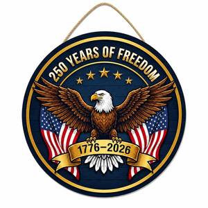 lot 12386 image: 250th Anniversary Door Sign - 1776-2026 USA Semiquincentennial Patriotic Wreath, 4th of July Wooden Door Hanger, Independence Day Wall Decor for Home Front Porch Outdoor Hanging Ornament - D04