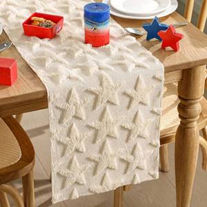 lot 12394 image: Windkream Patriotic Table Runner 13 x 72 Inch, 4th of July Table Decorations White Star 3D Jacquard Tablerunner for Independence Day Memorial Rustic Dining Kitchen Decor, 250th Anniversary Party