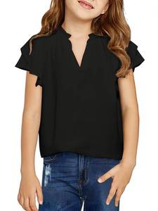 lot 12396 image: Haloumoning Girls Ruffle Short Sleeve T Shirts Casual V Neck Chiffon Blouse Cute Summer Tops 5-14Y Black