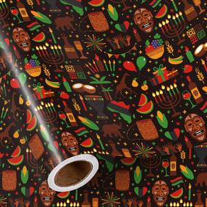lot 12398 image: RUSPEPA Kwanzaa Wrapping Paper Roll, Mini Roll, Kinara Candles, Menorah, African Drums and Fruit Pattern, Cultural Gift Wrap for African American Holidays, 17 Inches x 16.4 Feet