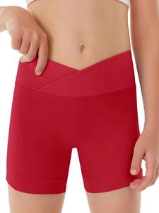 lot 12404 image: Girls Athletic Shorts Slim Tummy Control V Cross Waist Short Leggings Bike Dance Gymnastics Shorts Red (Size XS)