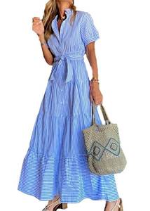 lot 12407 image: Cocoinsity Women Summer Stripes Dresses Lapel Short Sleeve Lace Up Button Down Casual Dress Blue M