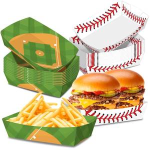 lot 12410 image: Infankey No Folding Required 50 Pack 2Lb Baseball Party Decorations Baseball Plates Baseball Paper Food Trays Party Supplies Disposable Serving Boats for Baseball Party Decorations