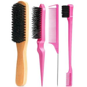lot 12421 image: Boar Bristle Slick Back Hair Brush for Smooth Flyaways, Frizz, Sleek Ponytail, Buns and Edge Baby Hair, Teasing  Hair Comb, Edge Brush, Teasing Brush Styling Accessories for Girls, Kids, Women & Men