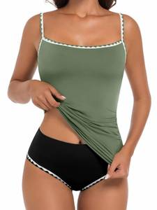 lot 12426 image: EVOCRCO Womens Tankini Swimsuit Tummy Control Bathing Suits Two Piece Slimming Swim Suit High Waisted Shell Stitch Swimwear Olive Green ( Size XL)