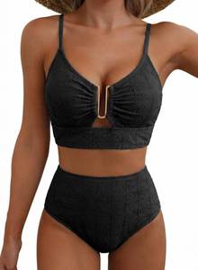 lot 12437 image: Herseas Womens Seashell Textured Bikini Set V Neck High Cut Cheeky Bathing Suits Sexy 2026 Beach Vacation Clothes Long Torso Flattering Swim Suits Charming Cruise Essentials Black Medium