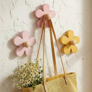lot 12450 image: AceOrbit Pcs Daisy Wall Hooks Wood Flower Towel Hooks Cute Flower Decorative Wall Mount Hangers for Bathroom Kitchen Bedroom Home Entryway Decor (3,Yellow, Pink, Purple)
