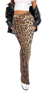 lot 14030 image: Women Leopard Print Skirt High Waist Ruched Bodycon Elastic Stretchy Casual Long Pencil Maxi Skirts Yellow S