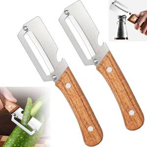 lot 14051 image: 2 PCS Multi-Functional Vegetable Peeler with Wooden Handle, Stainless Steel Blade Fruit Peeler with Bottle Opener, Comfortable Non-Slip Kitchen Peeler for Potato, Pumpkin, Papaya & More (2)
