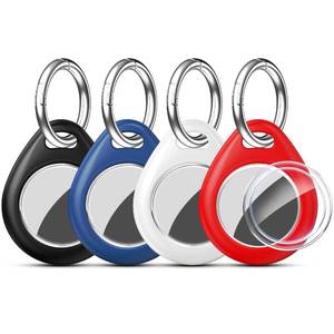 lot 14058 image: RFUNGUANGO Compatible AirTag Holder Air Tag Keychain Protective Case - 4 Pack Air Tag Protective Case with Metal Keychain for Kids, Pets, Luggage, Backpacks, Keys, Black,Blue,White,Red