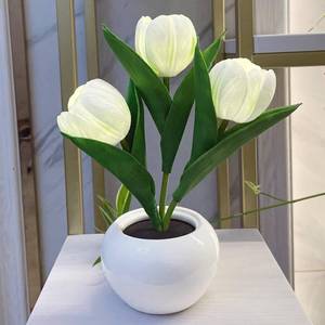 lot 14062 image: Tulip Lamp LED Simulation Night Light 3 Heads Ceramic Vase, White