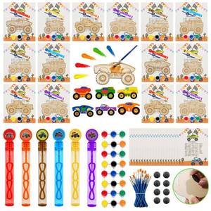 lot 14481 image: HandTool Monster Truck Party Favors, 24 PCS DIY Wooden Truck Painting Crafts Kit for Kids with Paints & Magnets, Bubble Wands, Cards and Gift Bags, Monster Truck Birthday Supplies Classroom Rewards