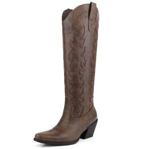 lot 19318 image: DANAZANA Knee High Cowgirl Boots For Women Wide Calf Tall Western Embroidered Cowboy Boots With Side Half Zip (Size 8)