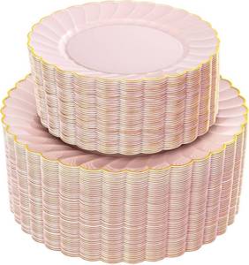 lot 19320 image: YOUBET 100PCS Pink and Gold Scalloped Plastic Plates for Wedding Party