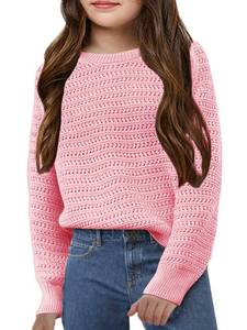 lot 20107 image: Girls Knit Sweaters Kids Fashion Chunky Crewneck Pullover Jumper Tops 5-14 Years Pink (10-12 Y)