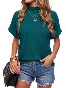 lot 20108 image: LYANER Womens Summer High Mock Neck Batwing Short Sleeve Shirt Top Asymmetric Hem Casual Blouse Lake Green Small