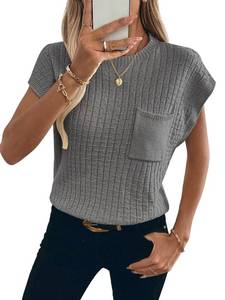 lot 20135 image: RICHSTORY Short Sleeve Sweaters for Women 2026 Spring Summer Cap Sleeve Sweaters Tops Casual Round Neck Lightweight Knit Pullover Top Grey XX-Large