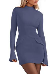 lot 20139 image: PRETTYGARDEN Womens Short Formal Dresses Fall Long Sleeve Mock Neck Elegant Cocktail Party Club Bodycon Mini Dress (Dusty Blue,Medium)