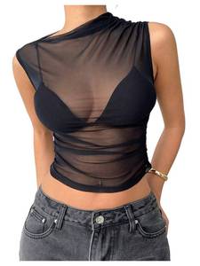 lot 20143 image: RoseSeek Womens Mesh See Through Tank Top Sleeveless Mock Neck Ruched Crop Tops Going Out Outfit Black X-Small