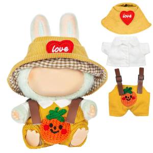 lot 20147 image: 17cm Design Clothes for Labubu Doll - Kawaii Chic Style Set for 17cm Dolls, Cute Doll Outfit with Accessories - White Shirt  Yellow Pumpkin Romper  Heart Shaped Yellow Hat (Clothes Only)