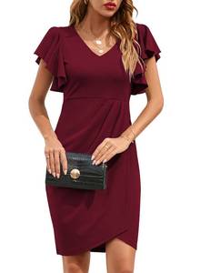 lot 20152 image: IHOT Dresses for Women 2023 V Neck Classic Ruffle Sleeve Faux Wrap Sheath Bodycon Wedding Guest Dress for Women Ruched Casual Cocktail Club Party Work Office Wrap Tulip Hem Dress for Women Burgundy L
