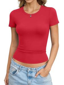 lot 20166 image: Eachyes Womens Short Sleeve Crewneck T Shirts Casual Slim Fitted Tops Basic Tees Summer Clothes 2026 Bright Red Large