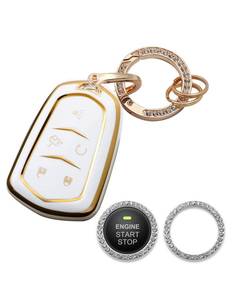 lot 20178 image: Homaupt for Cadillac Key Fob Cover Compatible with Escalade CTS SRX XT5 ATS CT6 5 Buttons, Soft TPU Keys Shells Protection Case with Bling Ring Car Sticker White