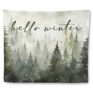 lot 20182 image: Mcehtle Winter Foggy Forest Tapestry, Farmhouse Hello Winter Wall Tapestries, Rustic Nature Pine Tree Landscape Wall Hanging Decor for Home Living Room Bedroom, 50x60 Inch