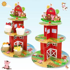 lot 20199 image: 2Pcs Farm Cupcake Stand - 3 Tier Farm Animals Theme Birthday Party Decorations Cardboard Cake Holder Dessert Tower for Kids Barnyard Farmhouse Farmstand Baby Shower Party Supplies Favors