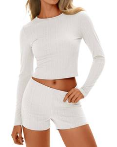 lot 20202 image: Baggyfly Womens 2 Piece Knit Lounge Sets, Casual Matching Outfits Long Sleeve Crew Neck Slim Crop Tops and High Waist Short(Apricot,Medium)