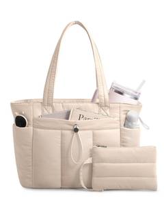 TOPDesign Puffy Tote Bag for Women with Cup Holder and Laptop Compartment and Cosmetic Bag and Trolley Sleeve for Work, Travel (M Beige)