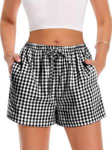 lot 2056 image: Women Boxer Shorts Comfy Gingham Drawstring Pajama Bottom Plaid Casual Pants with Pocket(Black, 2XL)