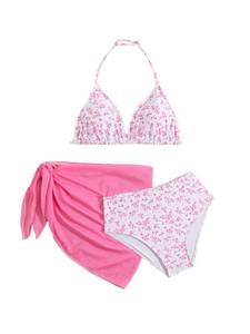 lot 2061 image: RoseSeek Girlfts 3 Piece Swimsuits Floral High Waisted Bikini Bathing Suit with Mesh Coverups Skirt Pink and White 12 Years