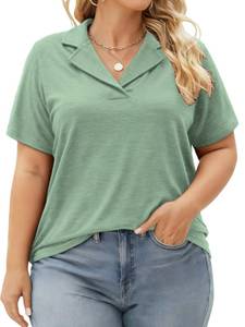 lot 2073 image: Plus Size Tops for Women V Neck Polo Shirts Casual Collared Shirt Short Sleeve T-Shirts Light Green 5X