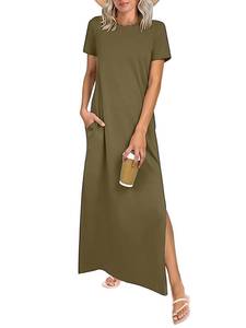lot 2077 image: Nfsion Women Year-Round Summer Casual Short Sleeves Round Neck Loose Split Wrinkle-Free Long Maxi Vacation Dress with Pockets Army Green M
