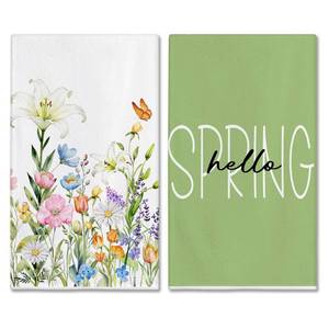 lot 2085 image: Hexagram Spring Kitchen Towels Sets of 2,Flower Banny Hand Towel 18x28 Inch, Spring Farmhouse Home Decorations