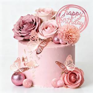 lot 2103 image: Flower Cake Toppers, Happy Birthday Rose Gold Cake Decorations with Artificial Flowers Butterfly Balls for Wedding Baby Shower Birthday Party Supplies