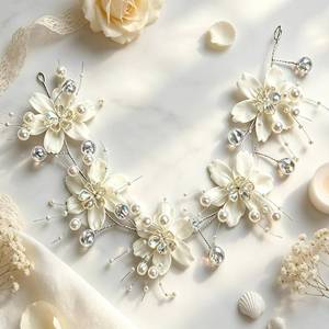 lot 2141 image: XISHIUYIS 4Pcs Bridal Flower Hair Vine, Handmade Silver Wire Floral Headband with Crystal and Pearl, Wedding Hair Accessories for Bride Bridesmaid Prom Party Hairstyle