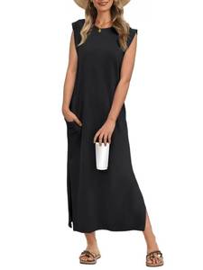 lot 2149 image: Nfsion Women Year-Round Summer Casual Sleeveless Round Neck Loose Split Wrinkle-Free Long Maxi Vacation Dress with Pockets Medium Black