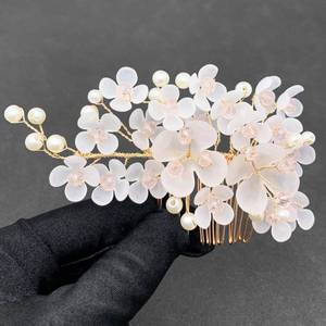 lot 4120 image: PRETTYLIFE Pink Flower Side Combs Bridal Wedding Crystal Pearl Gold Hair Pin Piece Accessories for Women
