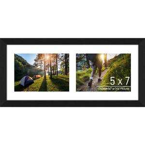 lot 4123 image: Lacopgr 5x7 Double Picture Frame Collage 2 Openings, 7inx16in Multi Photo Collage Frame 5inx7in Gallery Wall Decor Wooden, Black Frame with White Mat, Wood