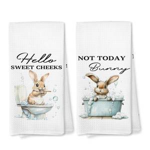 lot 4144 image: Voatok Vintage Easter Bunny Hand Towels Set of 2, Bunny Gifts for Women Hand Towels for Bathroom, Rabbit Gifts, Hello Sweet Cheeks Easter Rabbit Towel for Bathroom Washroom, 16x24 Inches