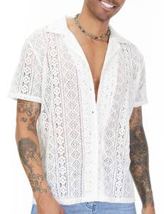 lot 4146 image: URRU Mens Floral Lace Shirt Short Sleeve Hollow Out Sheer See Through Casual Button Down Shirts White S